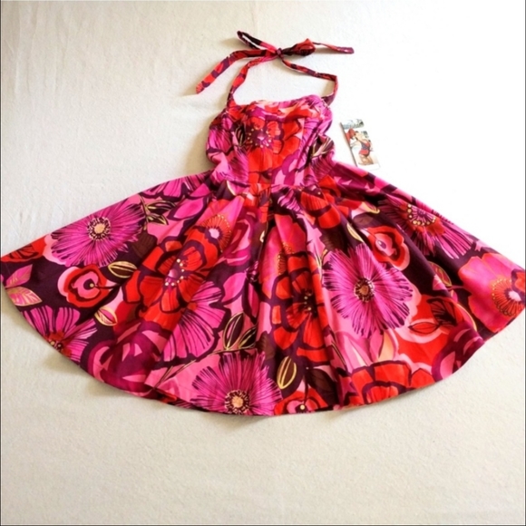 Fables by Barrie Eden Halter Dress Tropical Floral Pinup Retro Pink Red S NWT - Picture 1 of 10